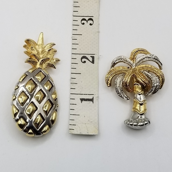 Liz Claiborne Pineapple Brooch Gold Silver Tone Palm Tree Tropical Pin Lot - Picture 2 of 13